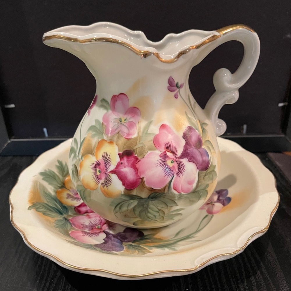 Vintage Lefton China Hand painted pansy basin set SL1521